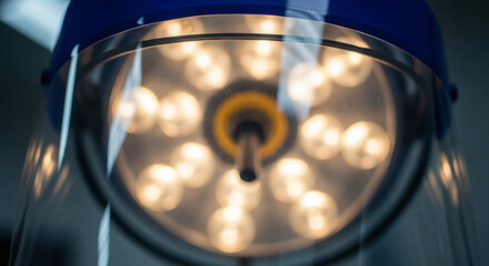 Close-up of a bright surgical operating room light, illuminating the sterile environment with its focused beams.