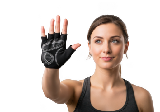 Young woman wearing a black fitness glove, raising her hand and touching a virtual screen, isolated on transparent background
