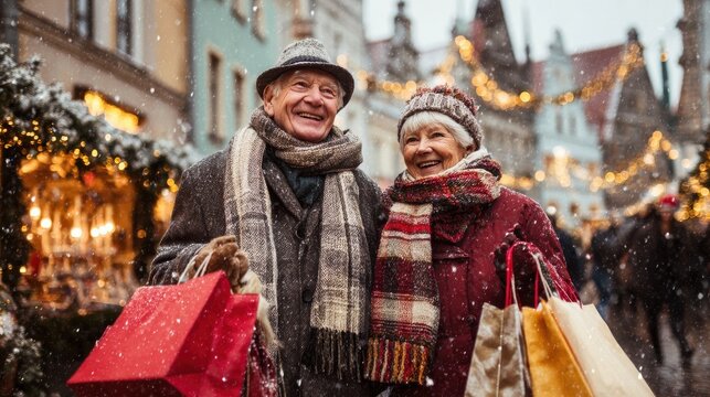 sale winter holidays and people concept  happy senior couple with shopping bags at christmas market souvenir shop on town hall square in tallinn estonia no logos no brands ar 169