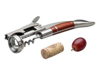 Polished stainless steel & dark rosewood waiter's corkscrew with a textured cork and burgundy grape on a transparent studio background, precise 45-degree angle, sophisticated product concept