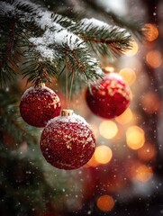 Obraz premium closeup of snowdusted pine branches with three red christmas baubles hanging warm glowing red and golden bokeh background evoking festive holiday cheer