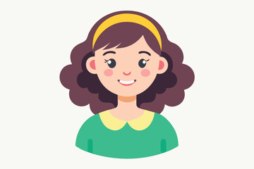 Cartoon Girl with Brown Hair, Yellow Headband, Green Dress, and Smiling Expression Illustration