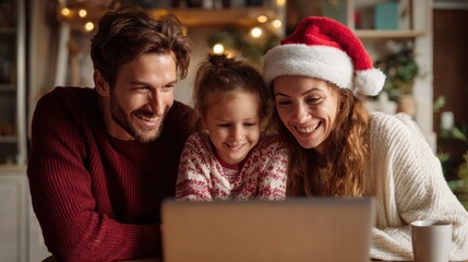 happy young parents with cute excited small kid daughter using laptop computer at home sitting at christmas table having virtual party on video call doing ecommerce family online shopping together no