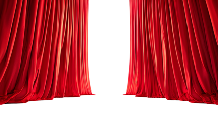 Red curtain on theater or cinema stage open with copy space isolated on a transparent background