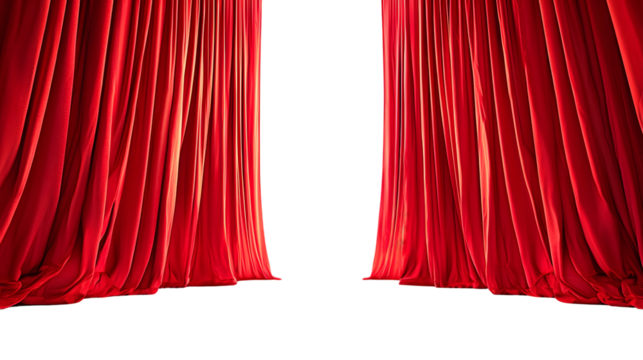 Red curtain on theater or cinema stage open with copy space isolated on a transparent background