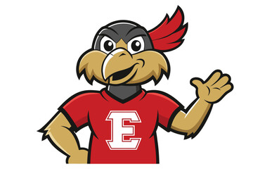 Obraz premium Cartoon Mascot Illustration Smiling Bird Wearing Red Shirt with Large White Letter E