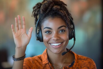 Friendly customer service representative with headset waving and smiling in a modern office, demonstrating approachability and professionalism in customer interaction, Generative AI