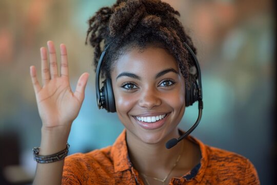 Friendly customer service representative with headset waving and smiling in a modern office, demonstrating approachability and professionalism in customer interaction, Generative AI