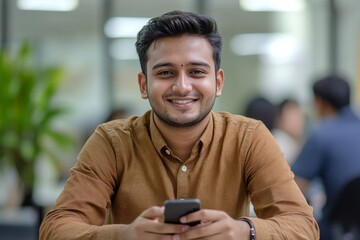 young smiling Indian man in a brown shirt sitting at the desk in the office, using a mobile phone, typing messages, texting, representing positive engagement in his work, Generative AI