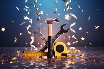 Celebrate home improvement projects with this fun array of tools and festive confetti background