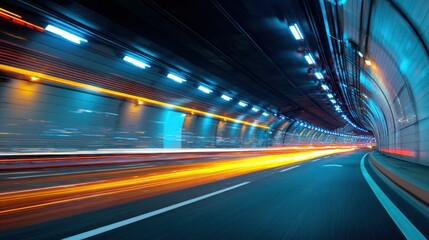 Fototapeta premium Tunnel road with speeding lights abstract long exposure night transportation scene