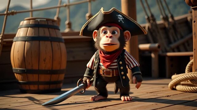 Adventurous monkey pirate with sword sailing on wooden ship ready for treasure hunt animation