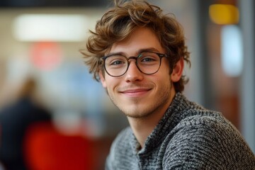Relaxed young man with glasses smiling confidently in a modern office setting, exuding professionalism and comfort in his work environment, Generative AI