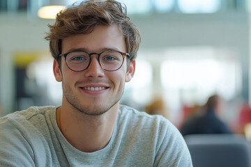 Relaxed young man with glasses smiling confidently in a modern office setting, exuding professionalism and comfort in his work environment, Generative AI