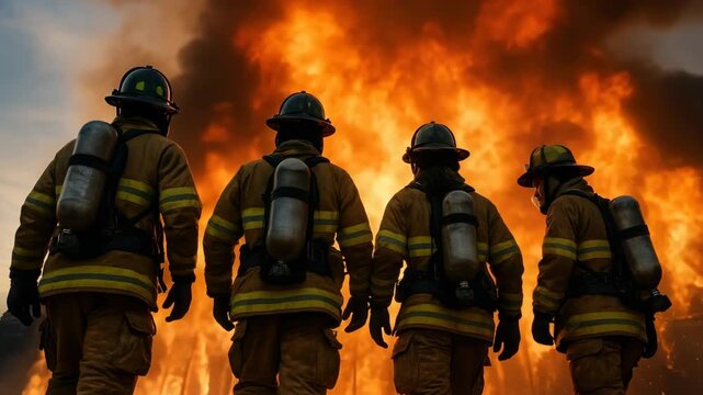 Dramatic low-angle shot of four firefighters facing a massive blaze, capturing action and heroism, ideal for a dynamic video scene.