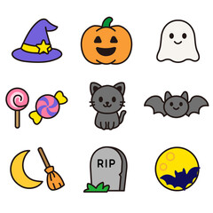 Halloween cute icon set with pumpkin, ghost, witch hat, black cat, bat, candy, broom, gravestone and moon. Perfect for kids, party decoration, sticker, greeting card and seasonal design.