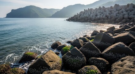 Coastal breakwater with large rocks