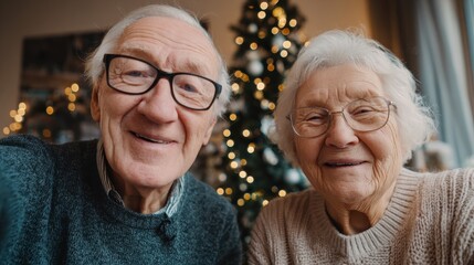 front view of senior couple indoors at home at christmas having video call with family no logos no brands ar 169