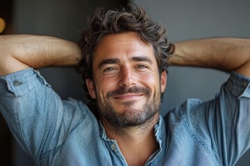 Smiling man taking a break at work, relaxing with hands behind his head, symbolizing a moment of relaxation and stress relief in a busy workday, Generative AI
