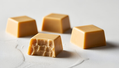 Delicious Caramel Candies on White Background