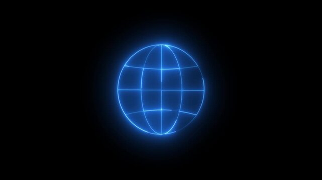 Neon globe icon blue color glowing animation on black background. Animated neon globe symbol. 4k video