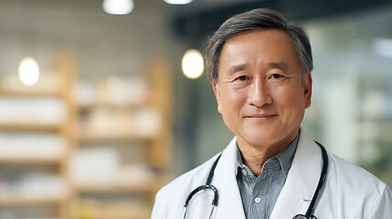 "A professional portrait of a mature Korean male doctor smiling warmly. He is wearing a white medical coat with a stethoscope around his neck and a striped button-up shirt. The background is softly bl