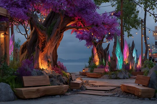 Magical parkscape with glowing crystals with vibrant trees, and benches and sea view at dusk.