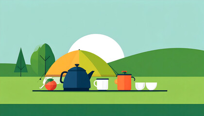 Serene Camping Scene Sunrise Landscape Illustration