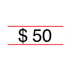 A simple, minimalist image of a white price tag or ticket. The tag features two thin red lines and one below the bold black text 