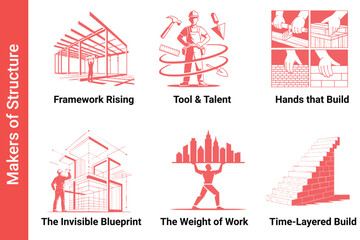 Obraz premium Six stylized illustrations depicting the evolution and process of architecture and construction