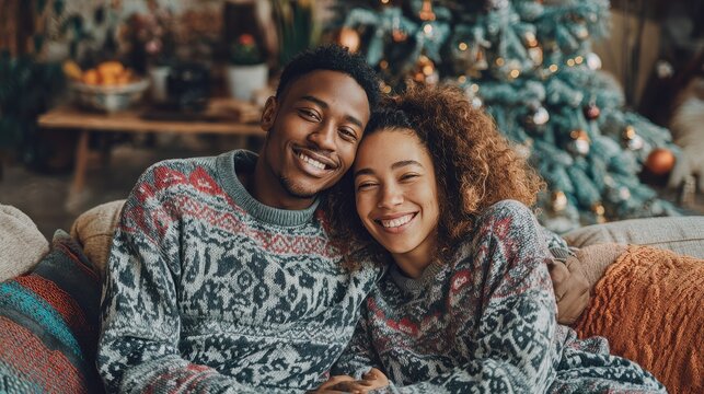 young happy couple embracing and relaxing on comfortable couch lovely multiethnic couple sitting on sofa wearing christmas sweater and hugging african woman and affectionate man near christmas tree n