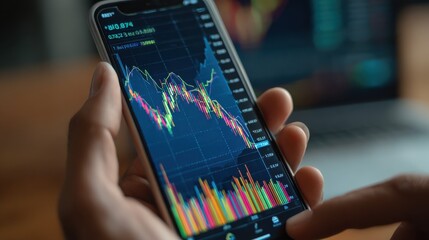 business man trader investor analyst using mobile phone app analytics for cryptocurrency financial stock market analysis analyze graph trading data index investment growth chart on smartphone screen 