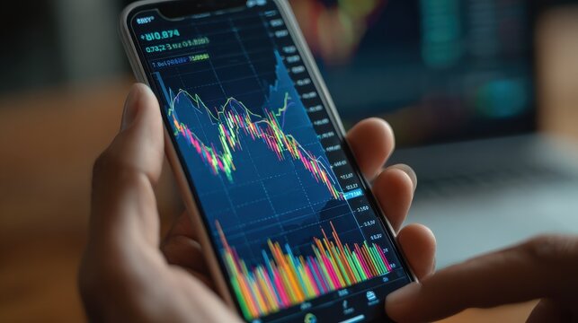 business man trader investor analyst using mobile phone app analytics for cryptocurrency financial stock market analysis analyze graph trading data index investment growth chart on smartphone screen  - Powered by Adobe