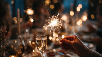 holidays and celebration concept  close up of hand with burning sparkler at christmas dinner party no logos no brands ar 169