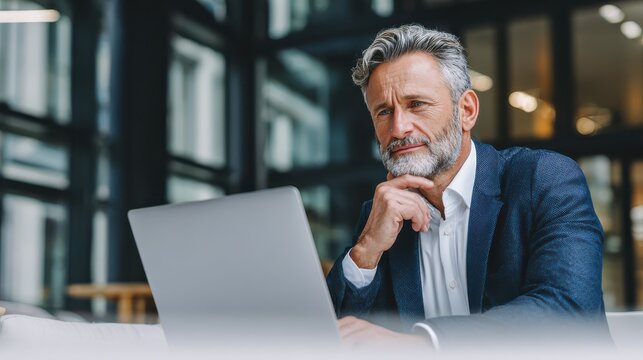 mature business man executive manager looking at laptop computer watching online webinar training or having virtual meeting video conference taking notes doing market research working in office no lo