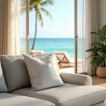 Fototapeta Pillow mockup interior view with white sofa pillows and ocean view through window with palm tree outside seen