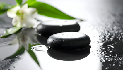 Serene Spa Setting with Smooth Black Stones and White Flower