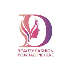 Beauty Fashion Woman Face Logo with Letter D Monogram and Elegant Hair Design in Pink Gradient