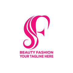 Beauty Fashion Woman Face Logo with Letter F Monogram and Stylish Hair Design in Pink