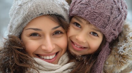 happy latin mother and daughter having fun during winter time  focus on mom face no logos no brands ar 169