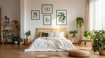 spacious botanic themed bedroom interior decorated with posters of herbs and bugs no logos no brands ar 169