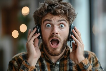 Man expressing shock and surprise while talking on the phone indoors, illustrating an emotional response to unexpected news or information, Generative AI