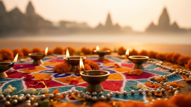 Colorful rangoli with oil lamp and marigold flower for festival in Delhi India at sunset, creating festive atmosphere with vibrant designs