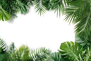 Tropical leaves frame a white background