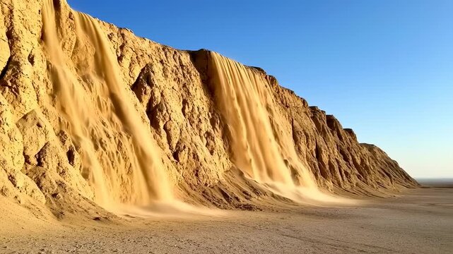 Desert Sandfall: Majestic Sand Cascades Down Rocky Cliff Face