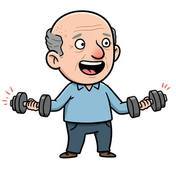 Cartoon Senior Lifting Weights: Fitness Fun for Older Adults