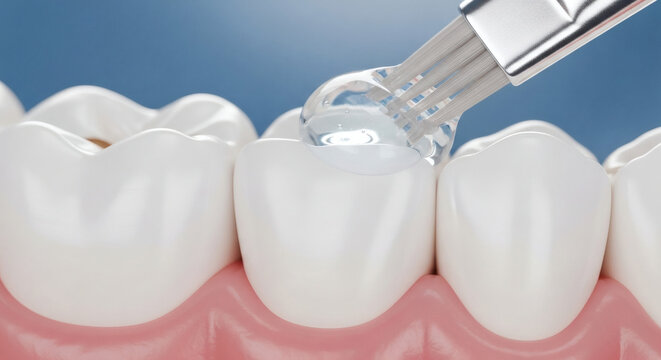 Close-up of a dental instrument applying a clear sealant to a healthy tooth surface, highlighting dental care and oral hygiene.