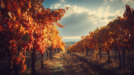 Fototapeta premium Autumn Colors Brighten Vineyard Rows Under a Sunny Sky During Harvest Season