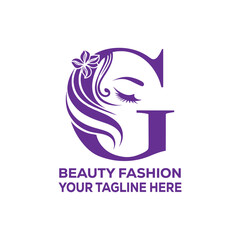 Beauty Fashion Woman Face Logo with Letter G Monogram, Elegant Hair and Flower in Purple