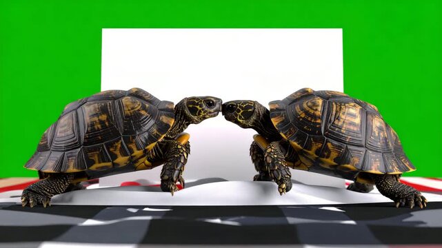 Two tortoises face each other on a checkered surface against a plain green background.